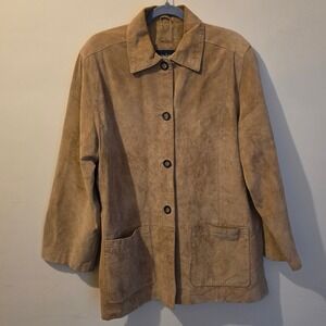 Terry Lewis Suede Leather Jacket Women 1X Tan Button Front Classic Barn Coat